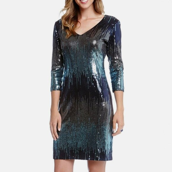 Karen Kane Blue Waterfall Sequin Sheath Dress - Picture 1 of 15